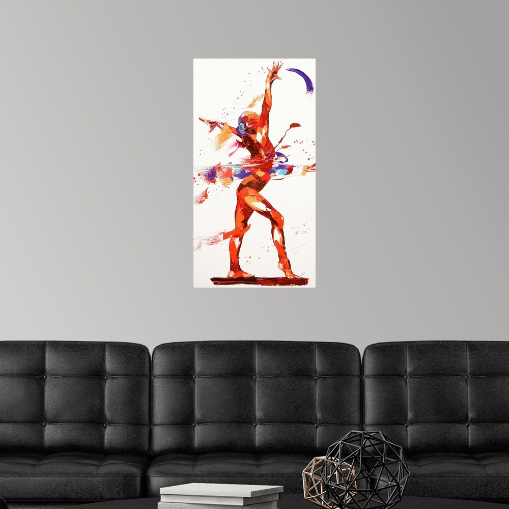 A modern room featuring Contemporary painting of a gymnast posing during a routine.