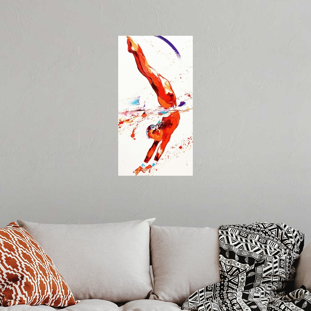 A bohemian room featuring Contemporary painting of a gymnast leaping in the air.