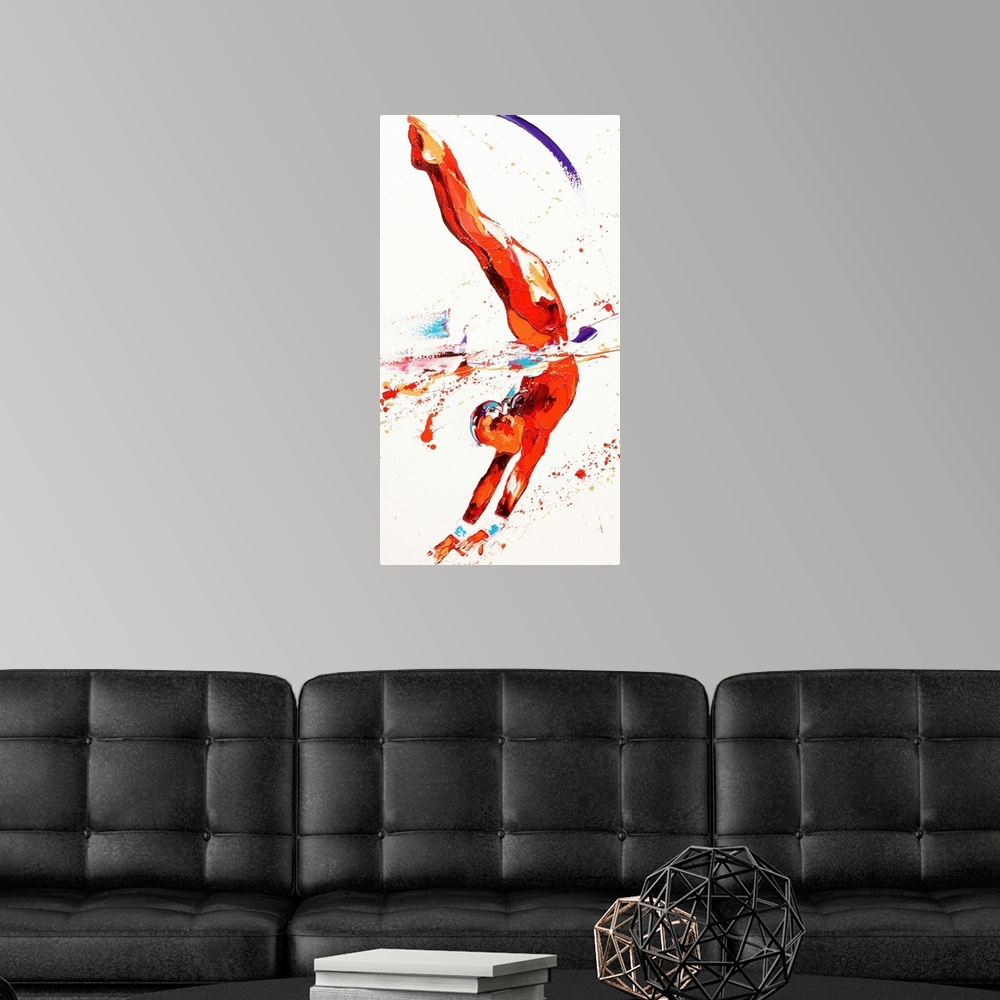 A modern room featuring Contemporary painting of a gymnast leaping in the air.