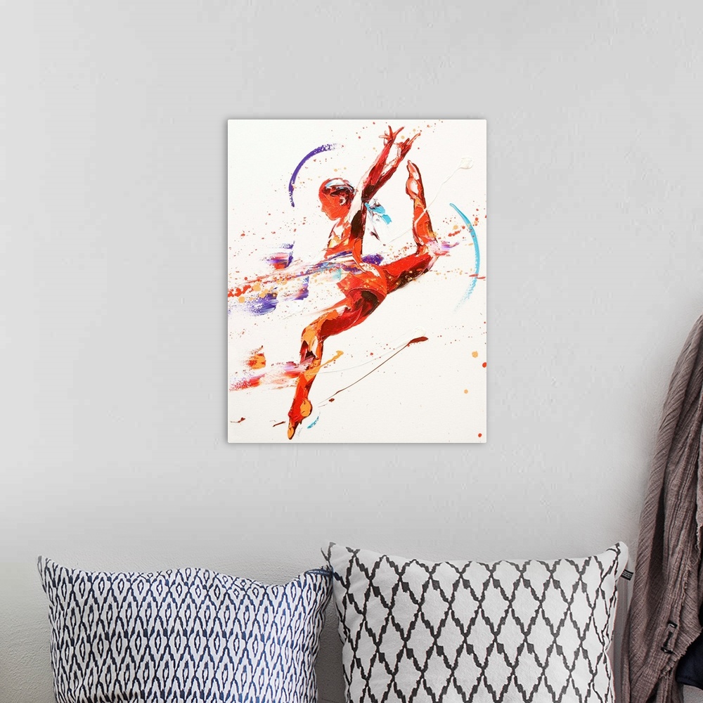 A bohemian room featuring Contemporary painting of a gymnast leaping in the air.