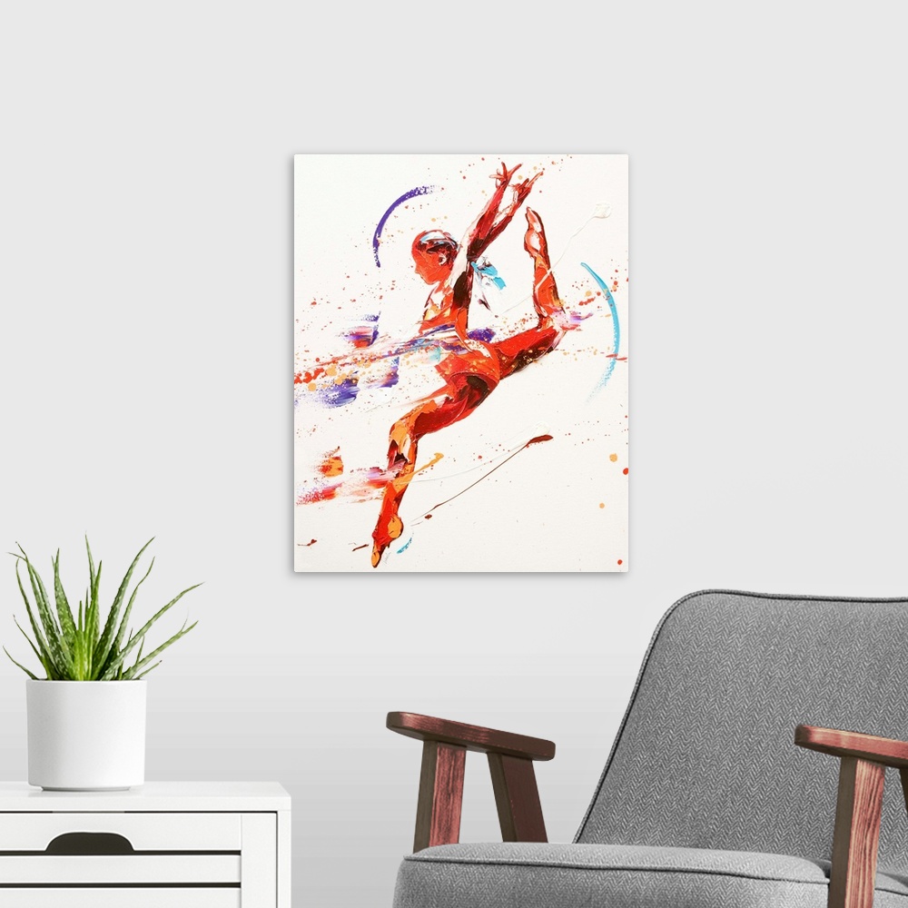 A modern room featuring Contemporary painting of a gymnast leaping in the air.