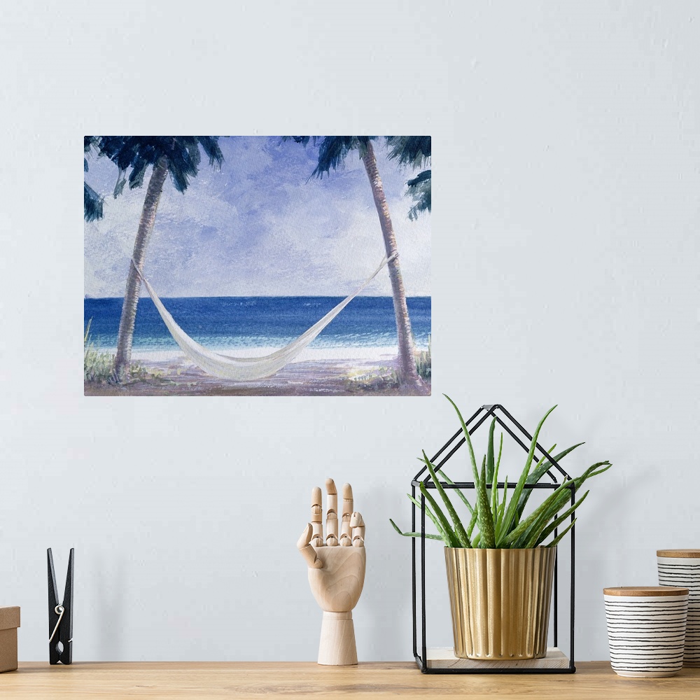 A bohemian room featuring Watercolor painting of fabric draped between two palm trees with ocean in the distance.