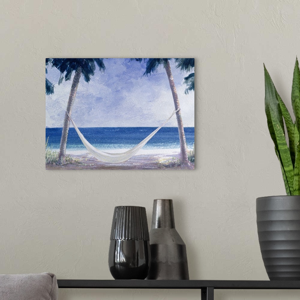 A modern room featuring Watercolor painting of fabric draped between two palm trees with ocean in the distance.
