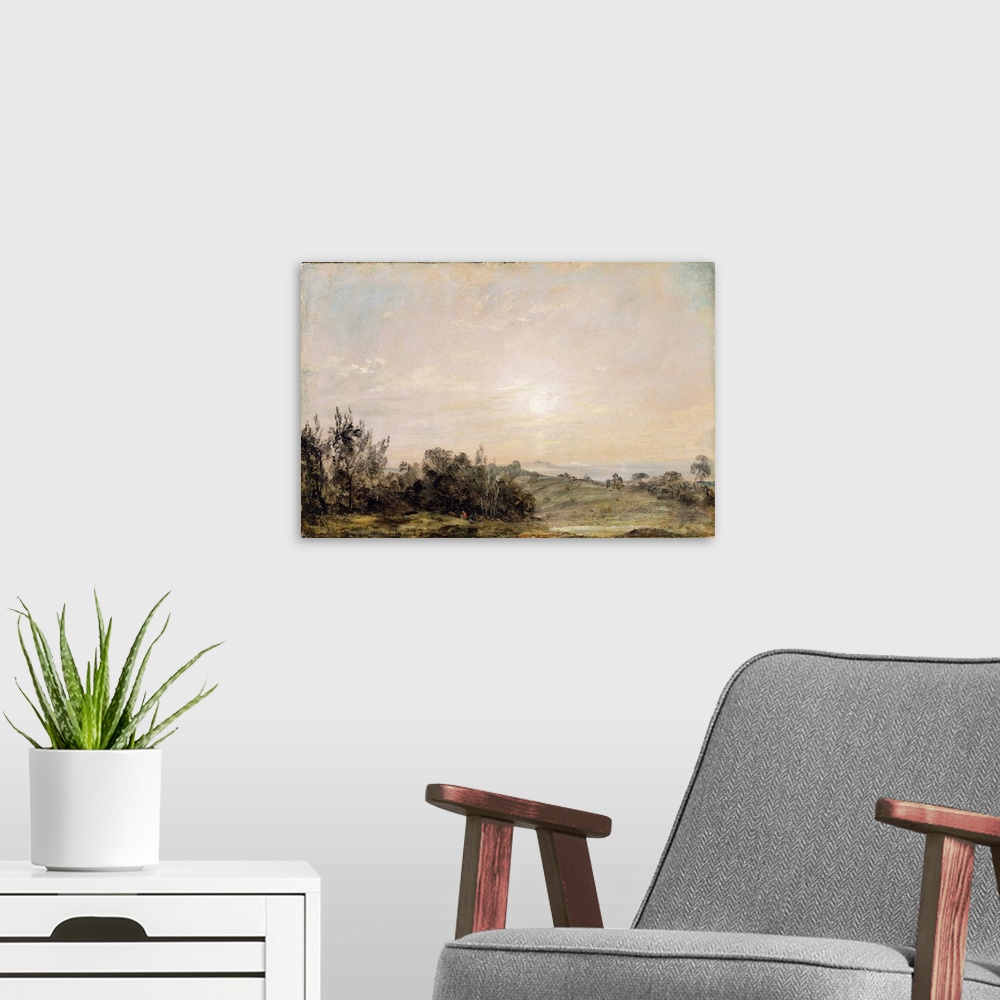 A modern room featuring oil on paper laid on canvas