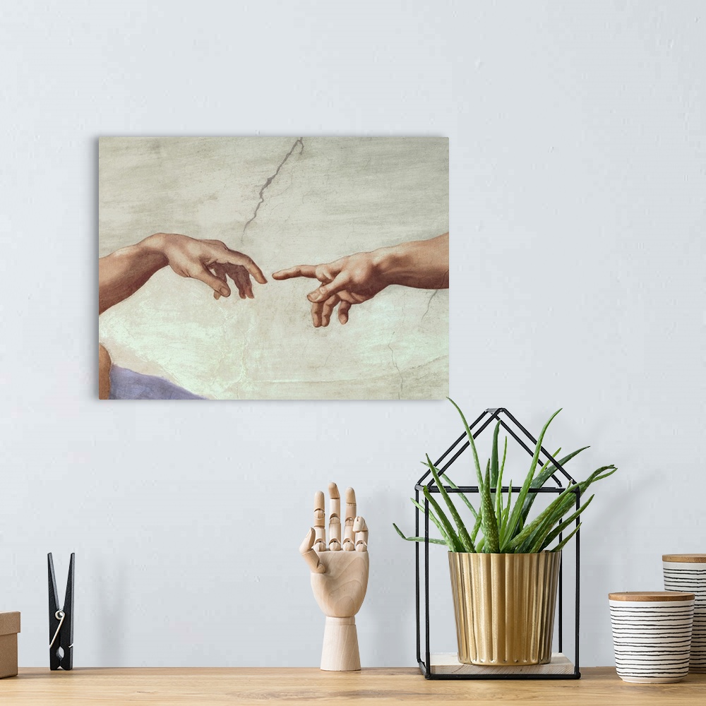 A bohemian room featuring Classic painting of an outstretched arm reaching to touch a lifeless hand with its finger tip wit...