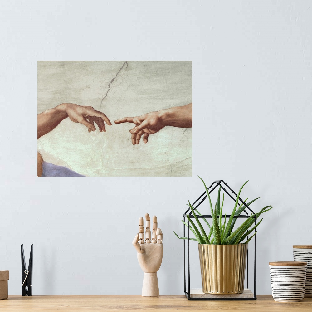 A bohemian room featuring Classic painting of an outstretched arm reaching to touch a lifeless hand with its finger tip wit...