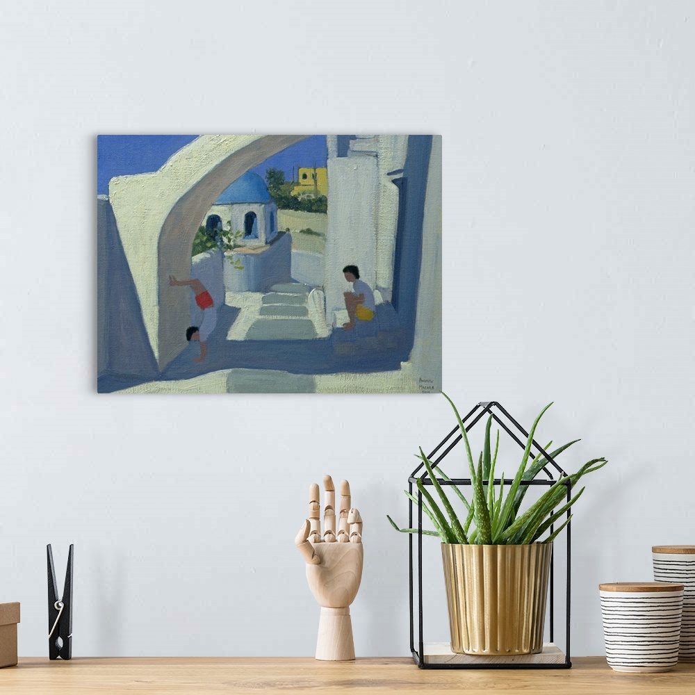 A bohemian room featuring This is a contemporary painting of two children playing in the shade of an archway in this coasta...