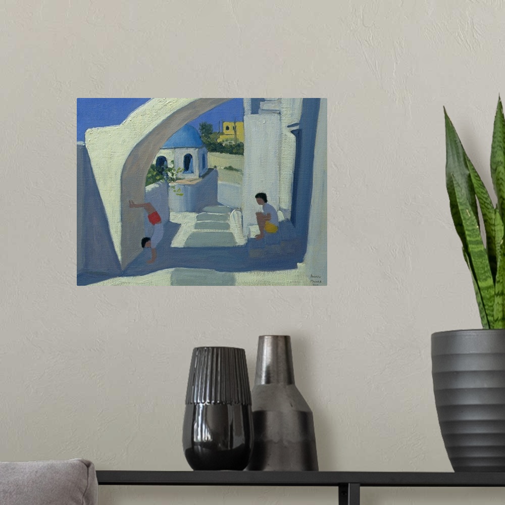 A modern room featuring This is a contemporary painting of two children playing in the shade of an archway in this coasta...