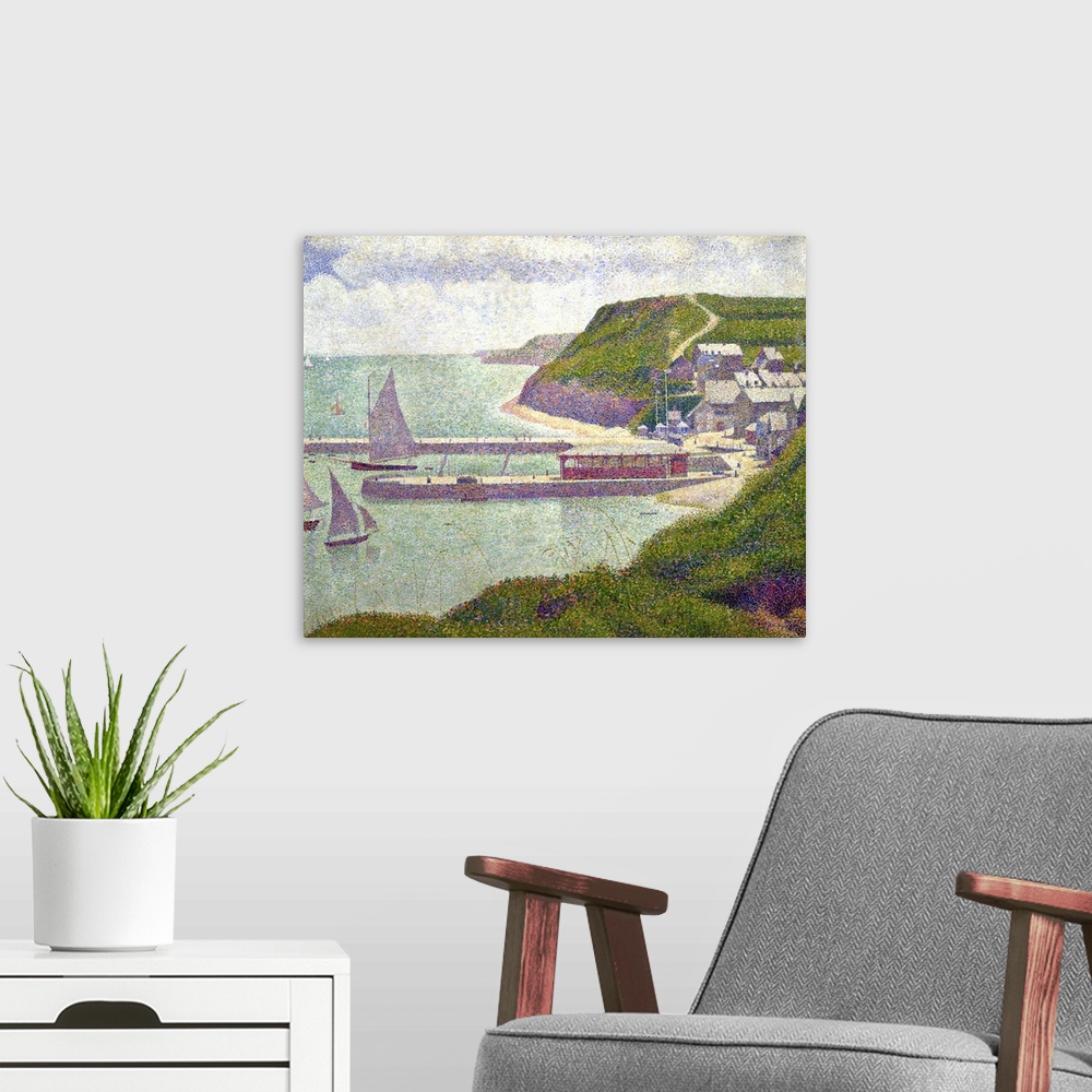 A modern room featuring XIR19980 Harbour at Port-en-Bessin at High Tide, 1888 (oil on canvas)  by Seurat, Georges Pierre ...