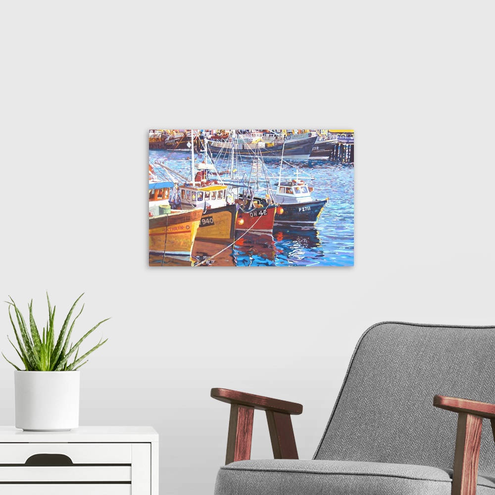 A modern room featuring Harbour Moorings, 2010, originally gouache on board.