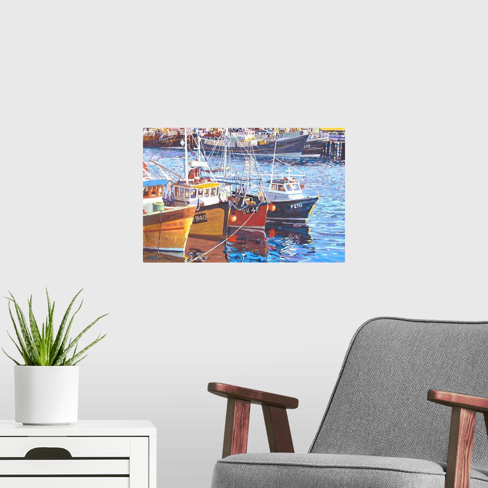 A modern room featuring Harbour Moorings, 2010, originally gouache on board.