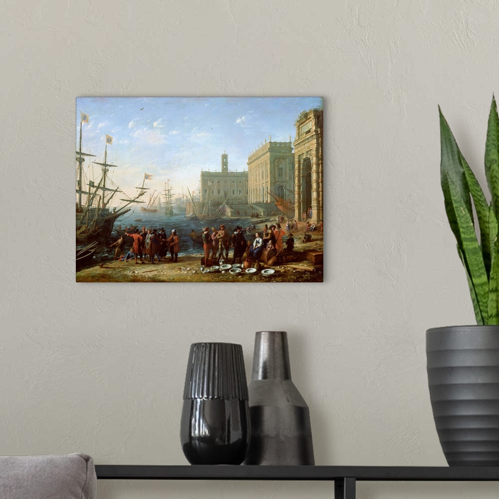 A modern room featuring XIR27612 Harbour Scene (oil on canvas)  by Claude Lorrain (Claude Gellee) (1600-82); 56x72 cm; Ch...