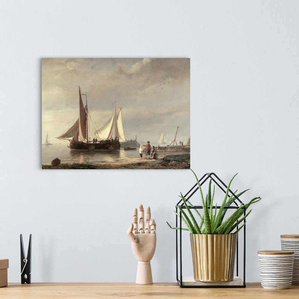A bohemian room featuring An oil painting that depicts sail boats in a harbor with few people looking on from the beach.
