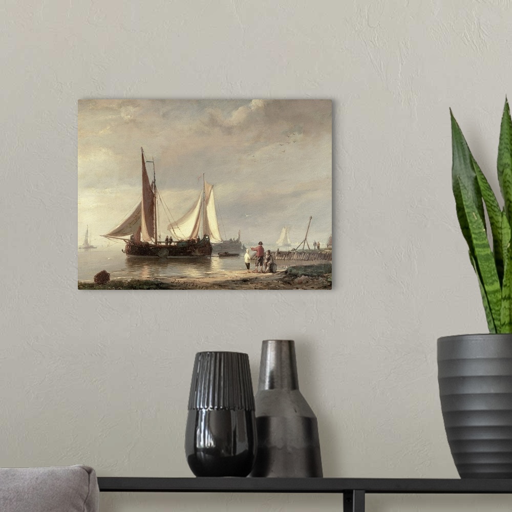 A modern room featuring An oil painting that depicts sail boats in a harbor with few people looking on from the beach.