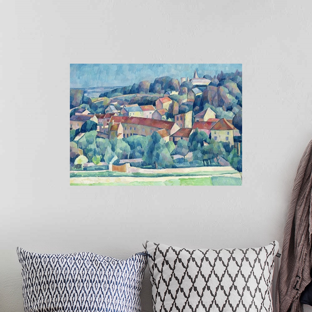 A bohemian room featuring Abstractly painted canvas of a town in the countryside on a hill.