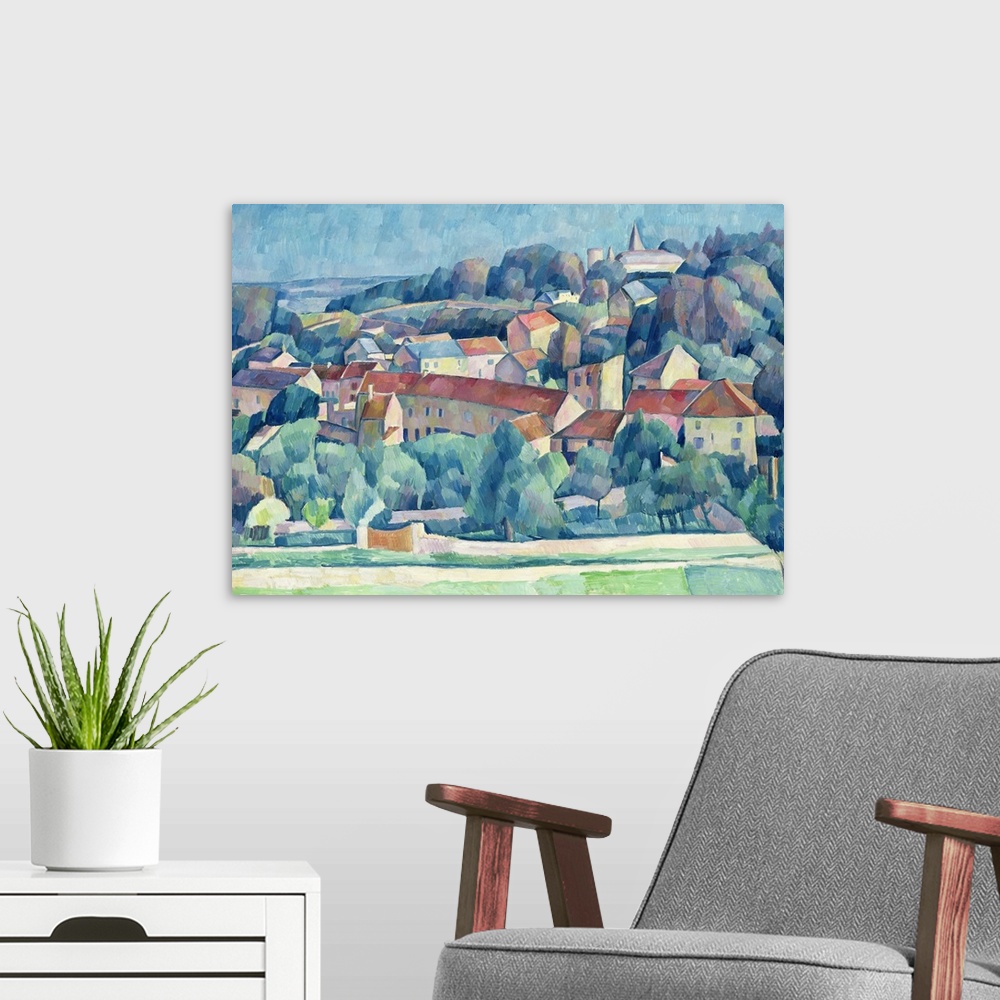 A modern room featuring Abstractly painted canvas of a town in the countryside on a hill.