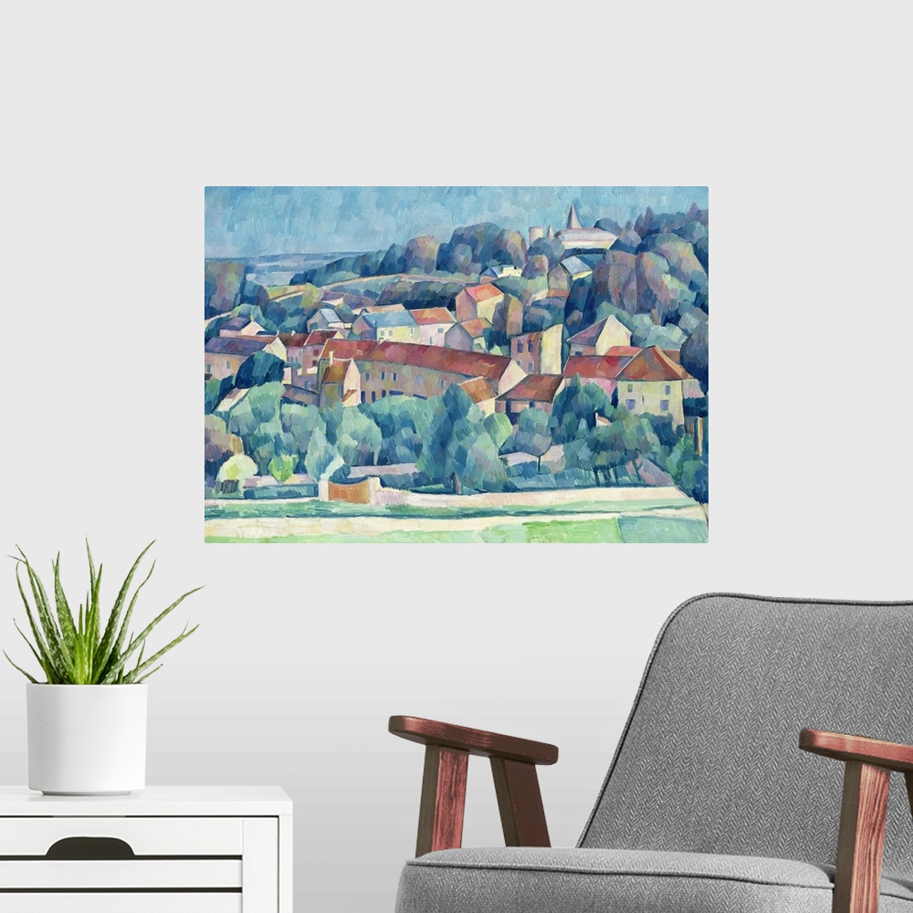 A modern room featuring Abstractly painted canvas of a town in the countryside on a hill.