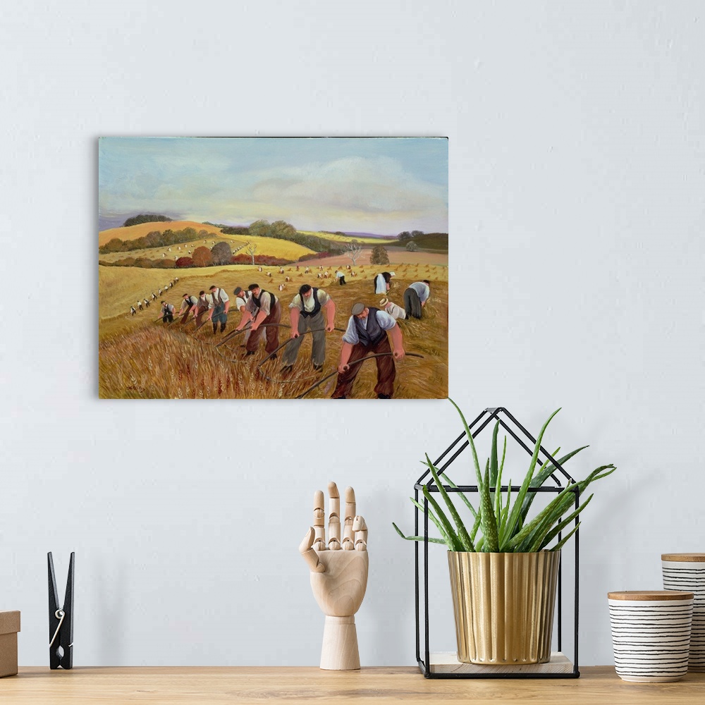 A bohemian room featuring Contemporary painting of several farmhands harvesting in a field.