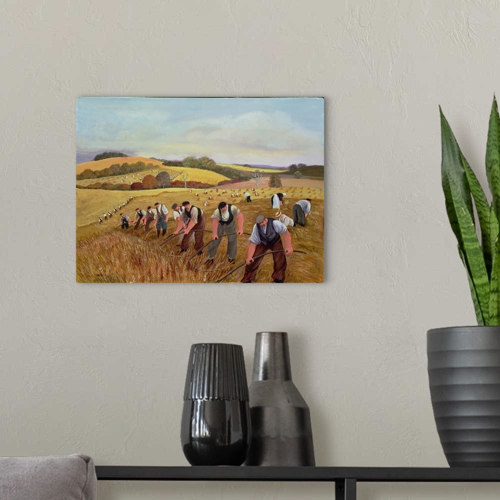 A modern room featuring Contemporary painting of several farmhands harvesting in a field.