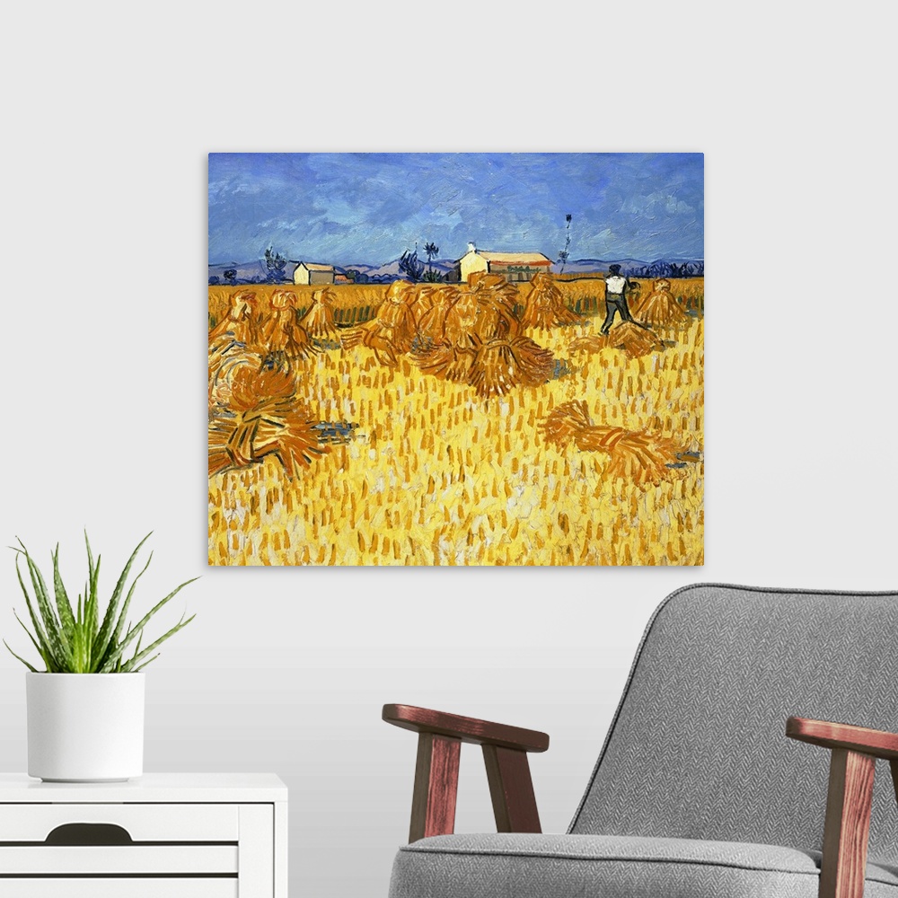 A modern room featuring Classic painting by Vincent Van Gogh of a figure working in a field on a bright summer day.