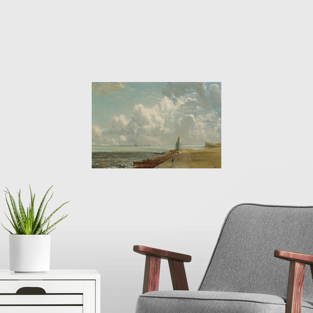 A modern room featuring A 19th century oil painting with a calming color palette of a beach in Essex, England. Enormous c...