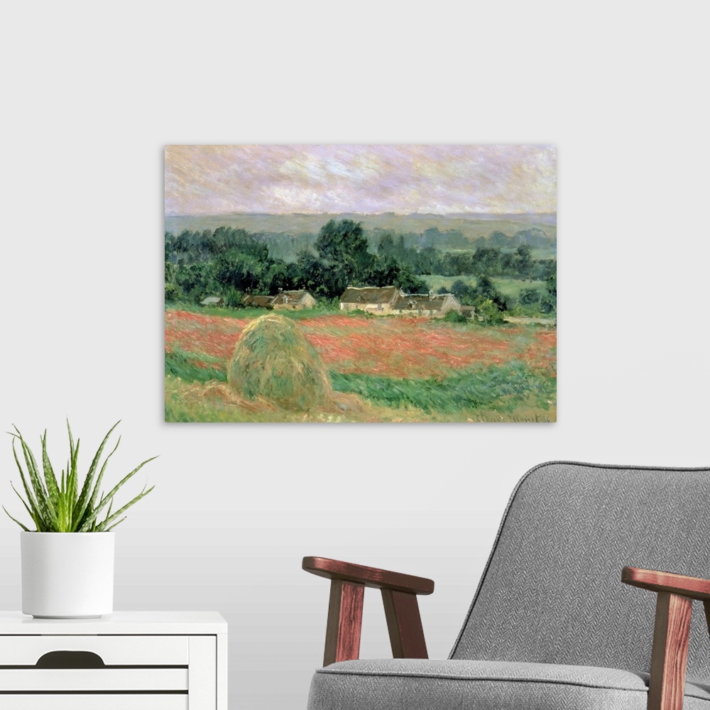 A modern room featuring Oil painting of hay bundle in meadow with houses and forest in the distance.
