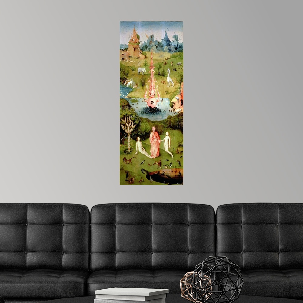 A modern room featuring XIR37912 The Garden of Earthly Delights: The Garden of Eden, left wing of triptych, c.1500 (oil o...