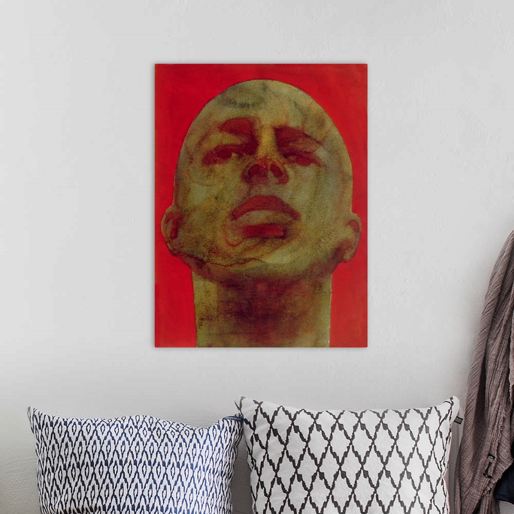 A bohemian room featuring Contemporary watercolor portrait of a man.