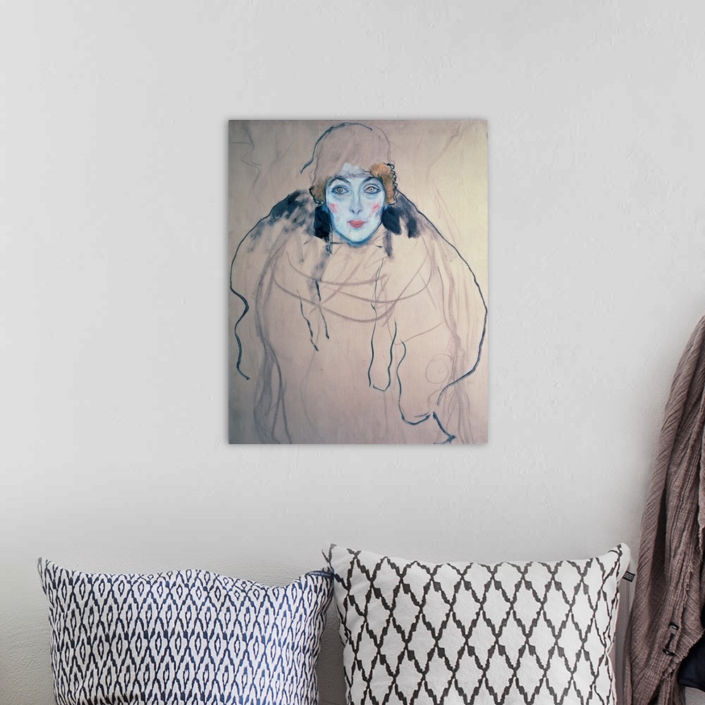 A bohemian room featuring Abstract drawing of a woman with a painted face and outlines for her body.
