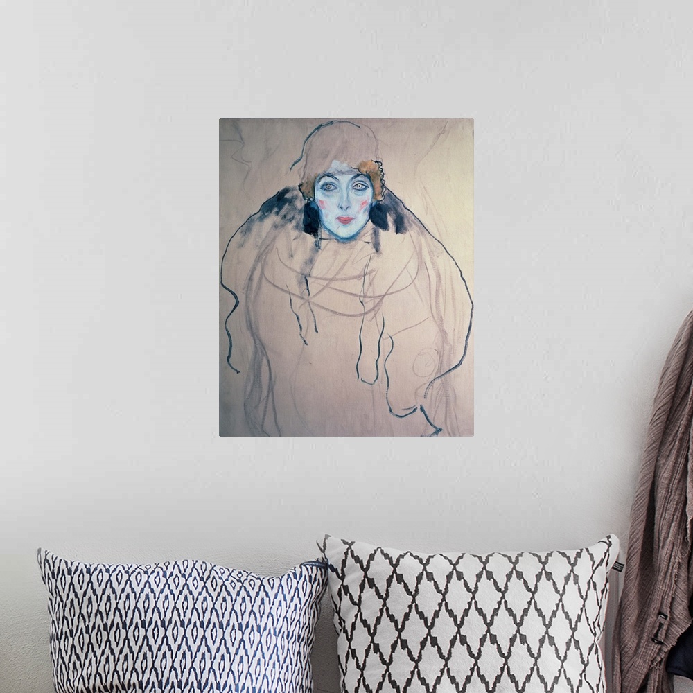 A bohemian room featuring Abstract drawing of a woman with a painted face and outlines for her body.