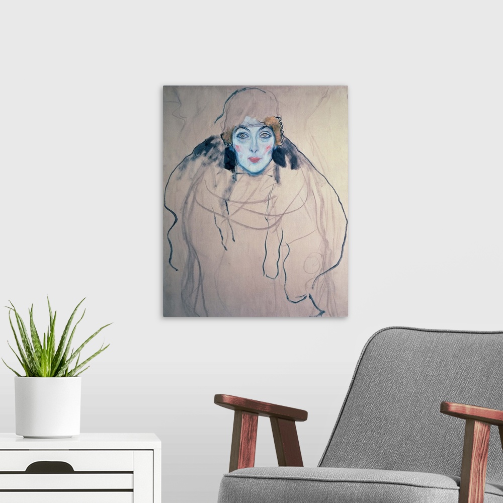 A modern room featuring Abstract drawing of a woman with a painted face and outlines for her body.