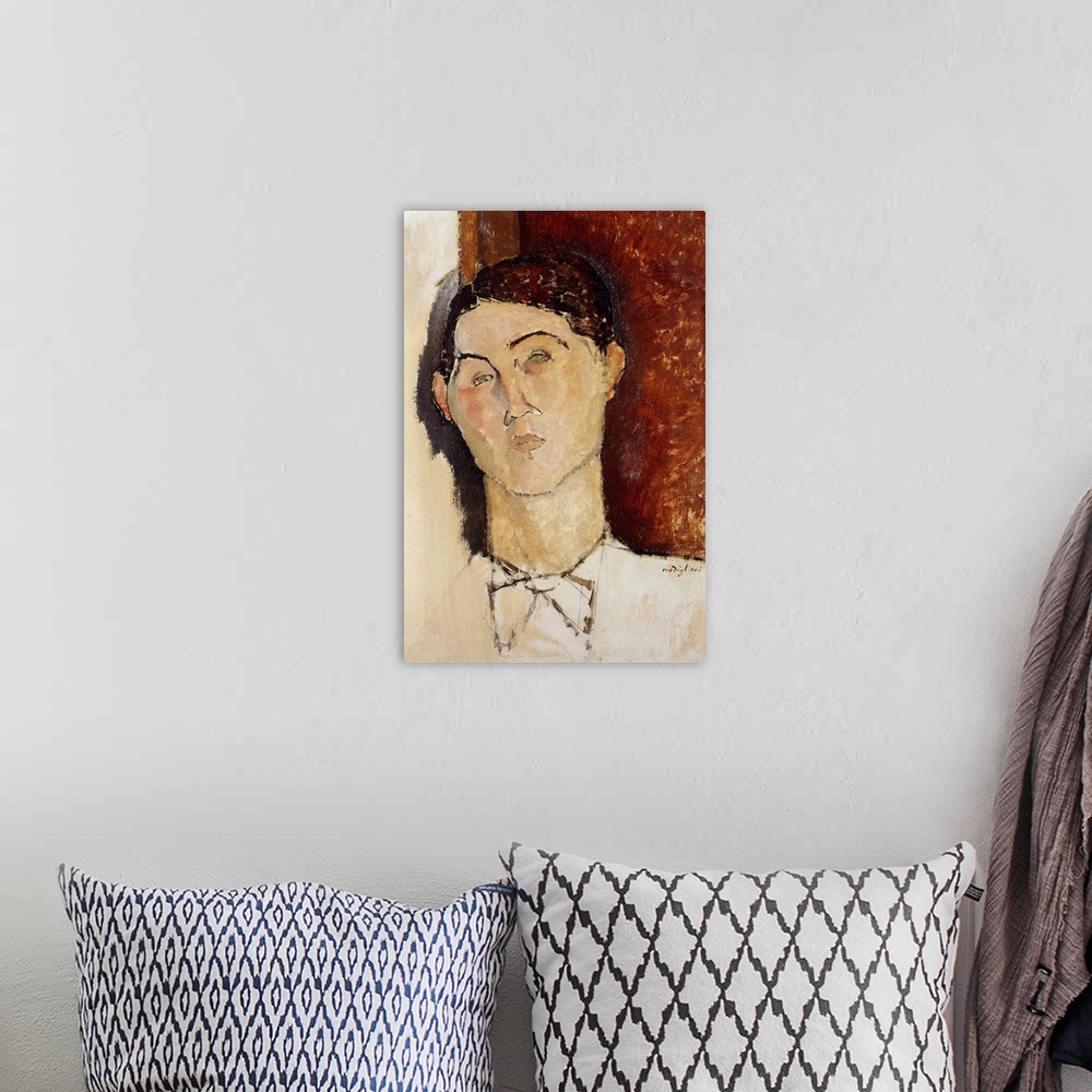 A bohemian room featuring CH828282 Head of a Young Man; Tete de Jeune Homme, c.1916 (oil and pencil on board) by Modigliani...
