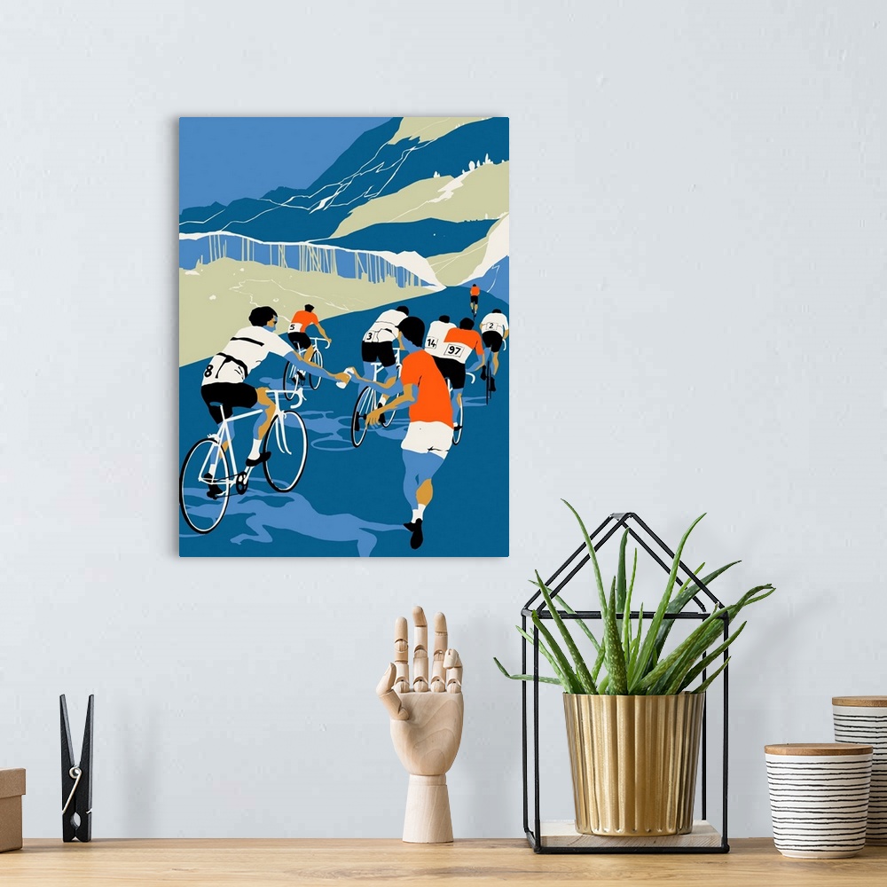 A bohemian room featuring Contemporary illustration of cyclists being given drink while en route during competition.