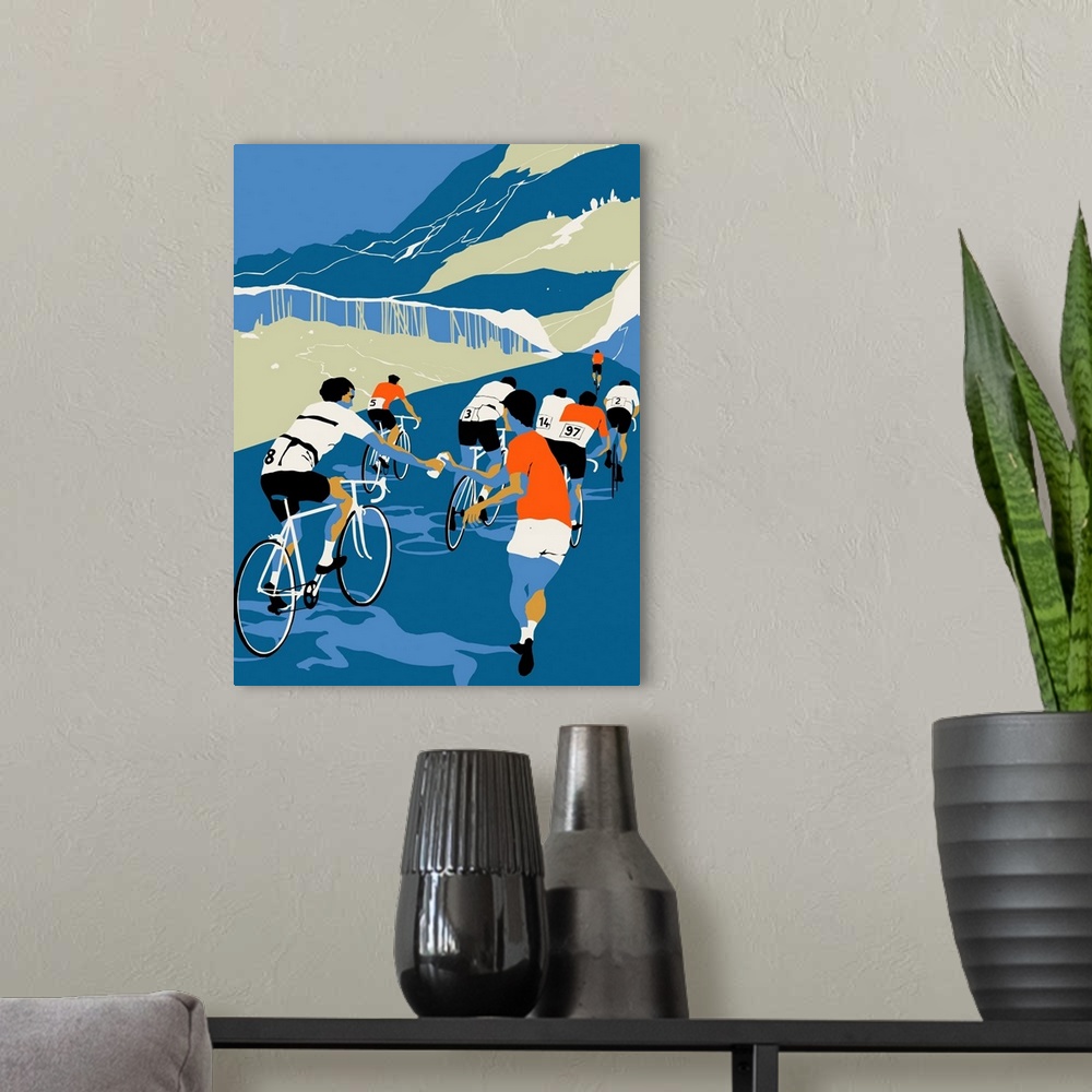 A modern room featuring Contemporary illustration of cyclists being given drink while en route during competition.