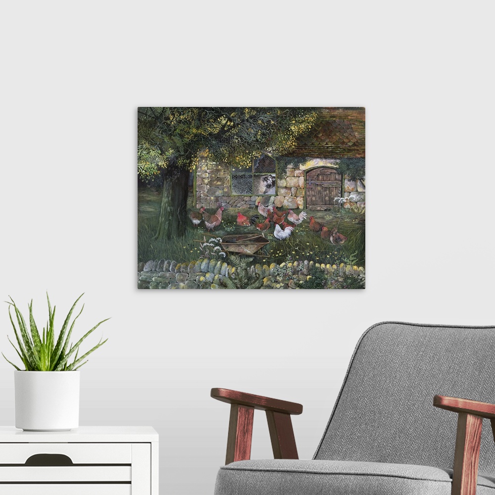 A modern room featuring Contemporary painting of a flock of chickens in a backyard.