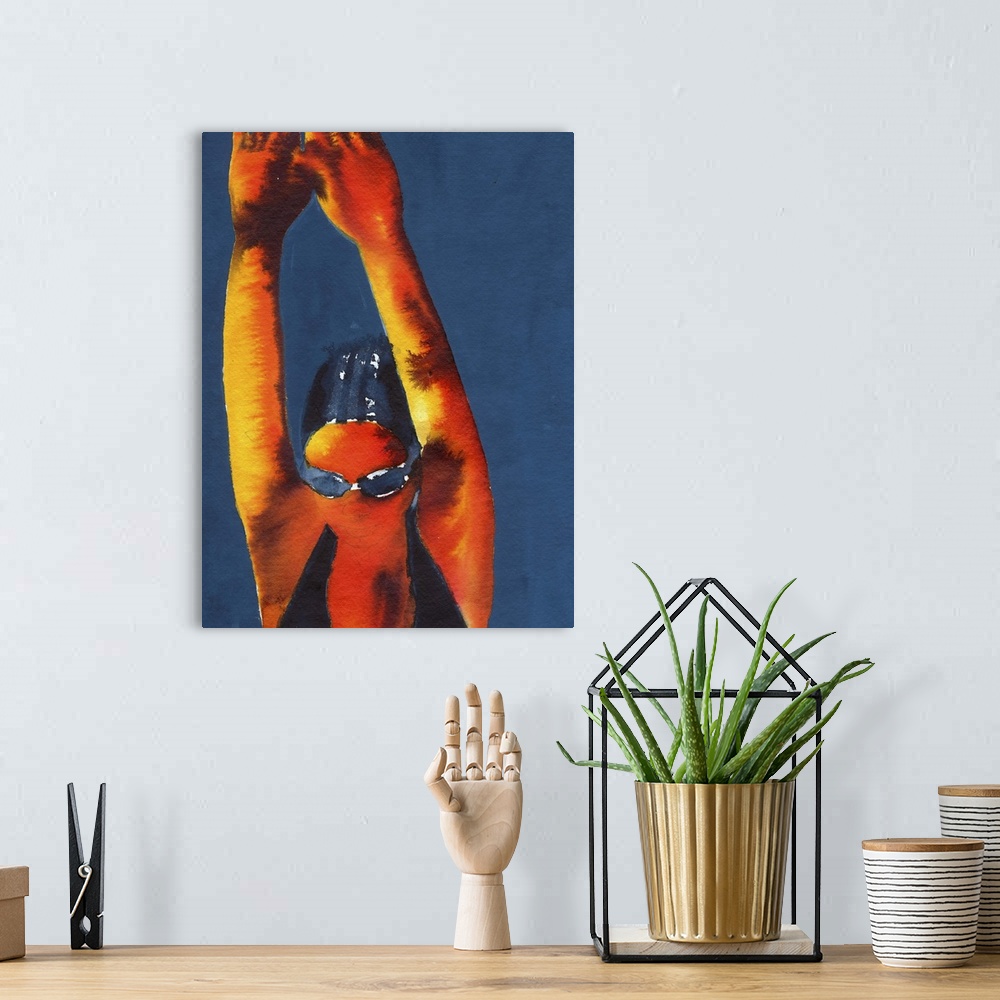 A bohemian room featuring Contemporary figurative art of a diver with arms raised.