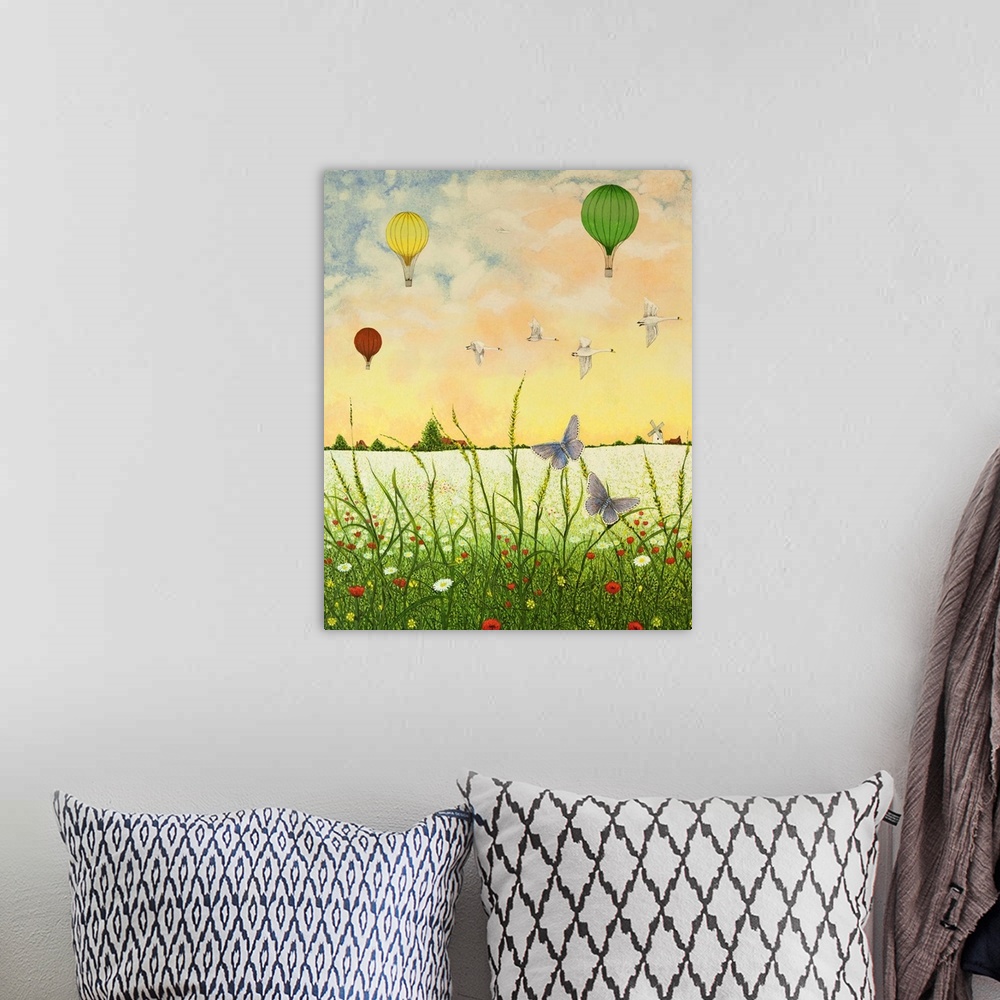 A bohemian room featuring Contemporary painting of butterflies in a field with hot air balloons in the air.