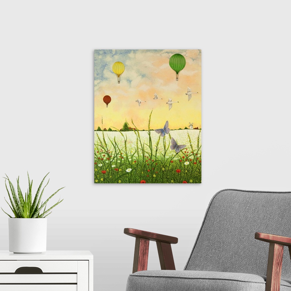 A modern room featuring Contemporary painting of butterflies in a field with hot air balloons in the air.