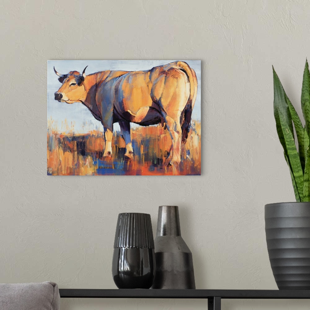 A modern room featuring Contemporary painting of a large cow in a field in harsh sunlight.
