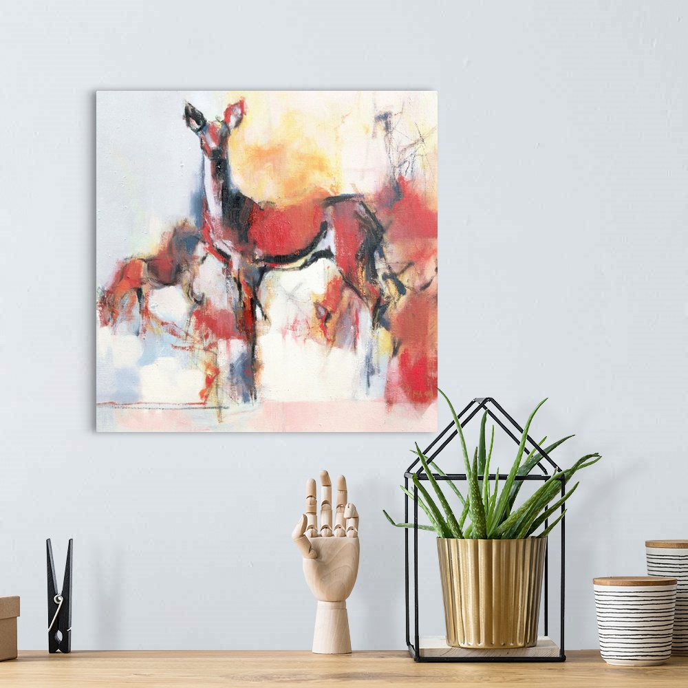 A bohemian room featuring Contemporary painting of a deer.