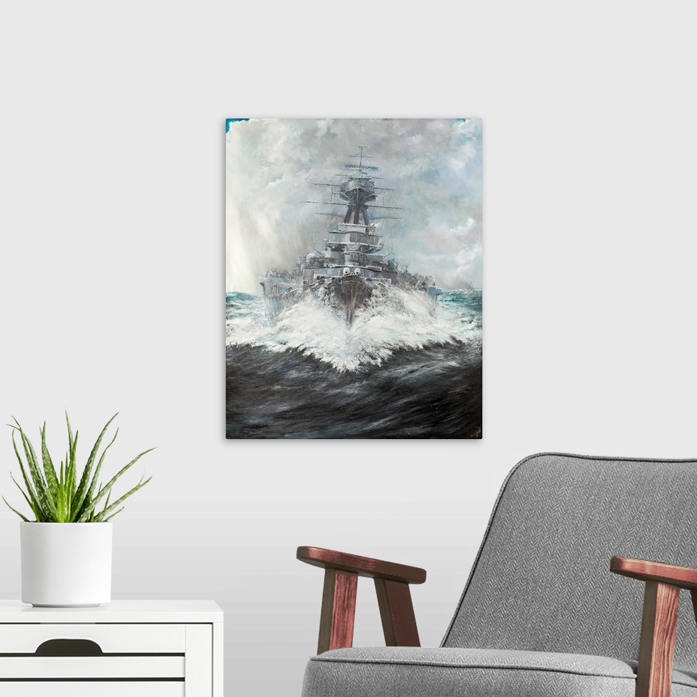 A modern room featuring HMS Hood, 2, 2016, oil on canvas.