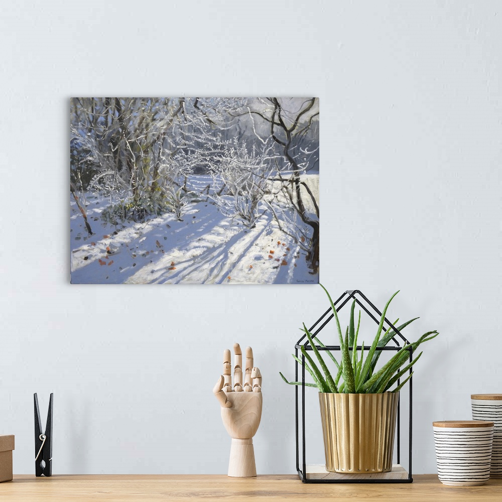 A bohemian room featuring Contemporary painting of a countryside scene covered in the snow of winter.