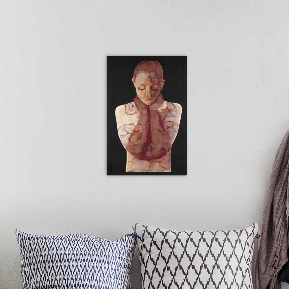 A bohemian room featuring Contemporary watercolor painting of woman with her hands around the back of her neck looking down.