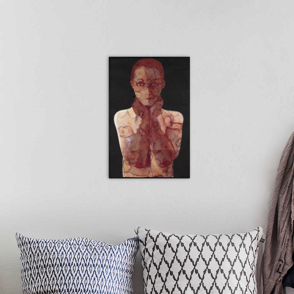 A bohemian room featuring Contemporary watercolor painting of a female figure in reddish warm tones against a black backgro...