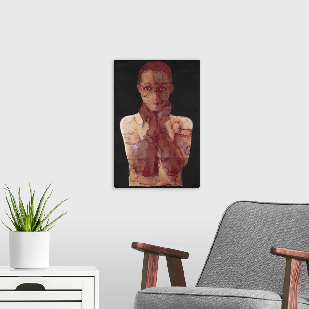 A modern room featuring Contemporary watercolor painting of a female figure in reddish warm tones against a black backgro...