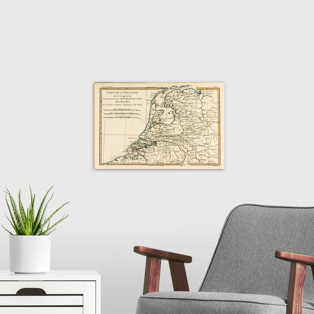 A modern room featuring Map of Holland, circa.1760. From .Atlas de Toutes Les Parties Connues du Globe Terrestre . by Car...