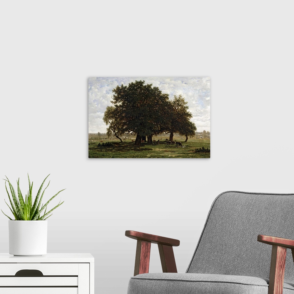 A modern room featuring A large oil painting of oak trees with a farmer and animals drinking from a small pool of water b...