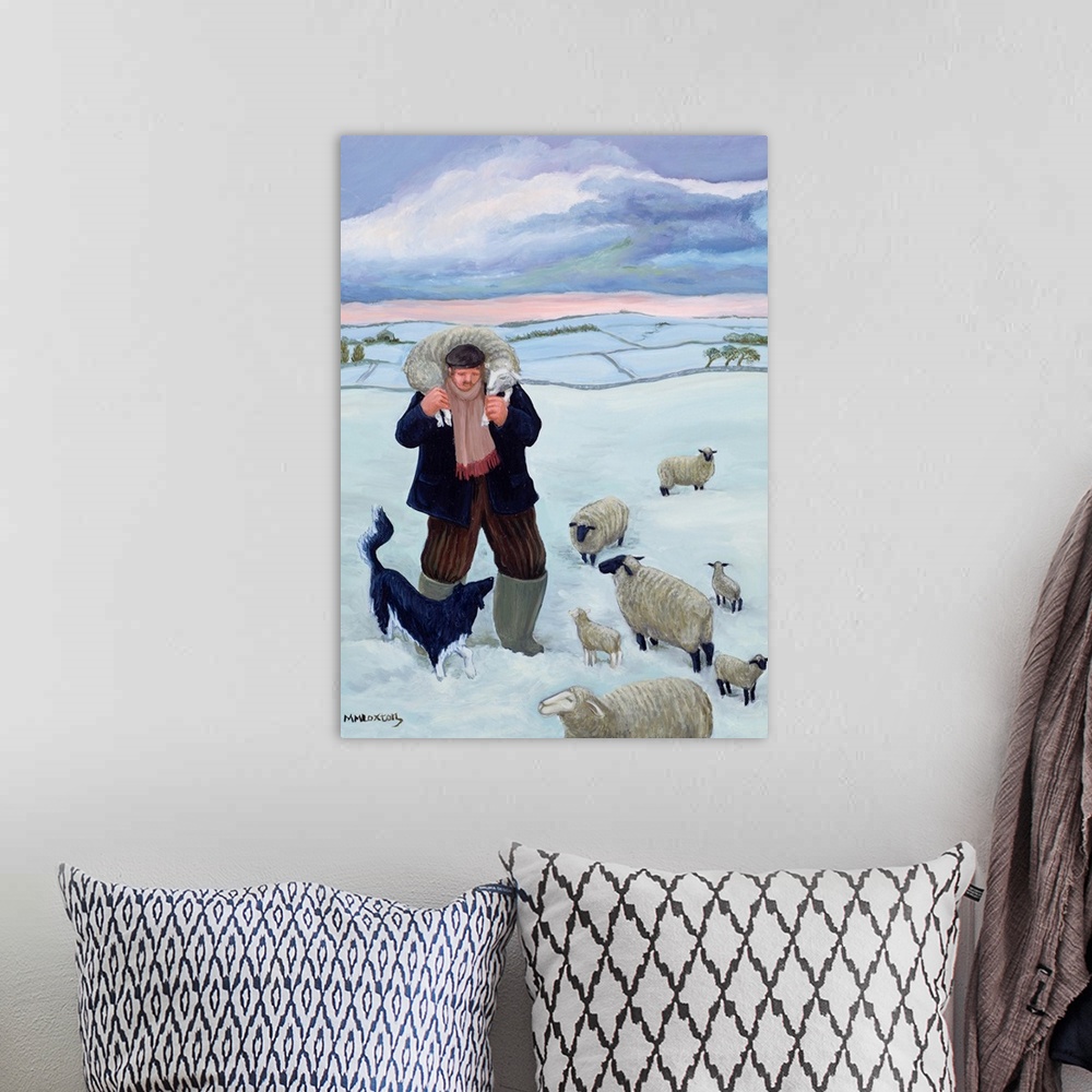 A bohemian room featuring Contemporary painting of a shepherd with his flock.