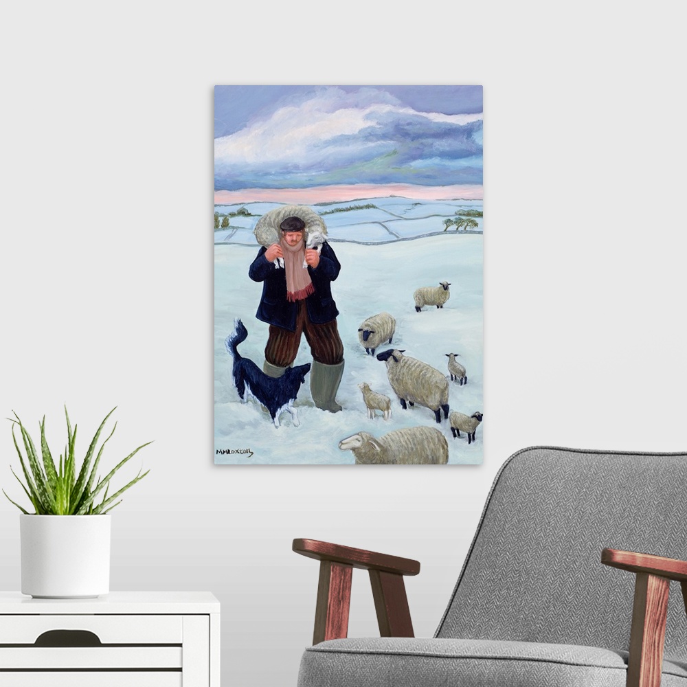 A modern room featuring Contemporary painting of a shepherd with his flock.