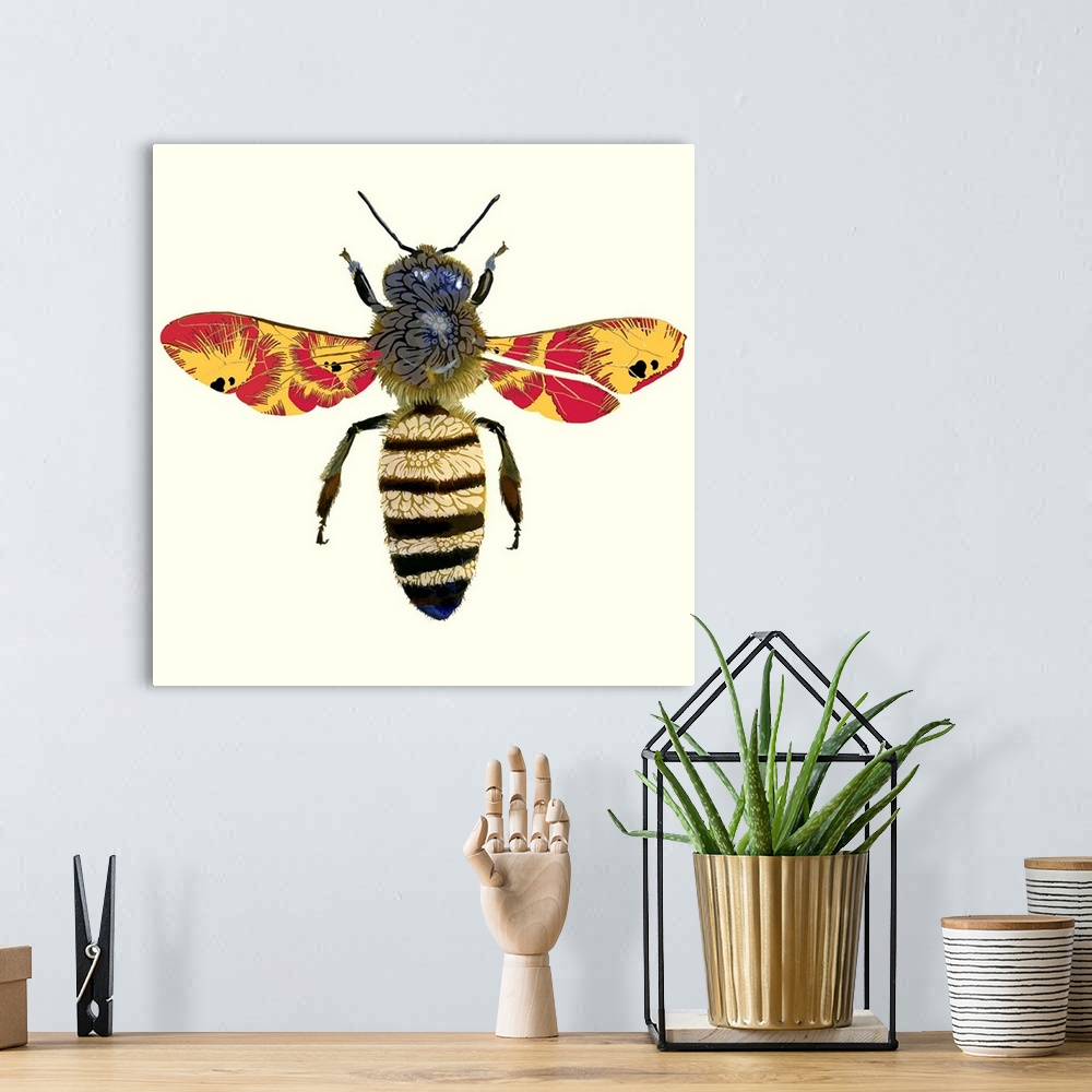 A bohemian room featuring Contemporary painting of a honey bee against a beige surface.
